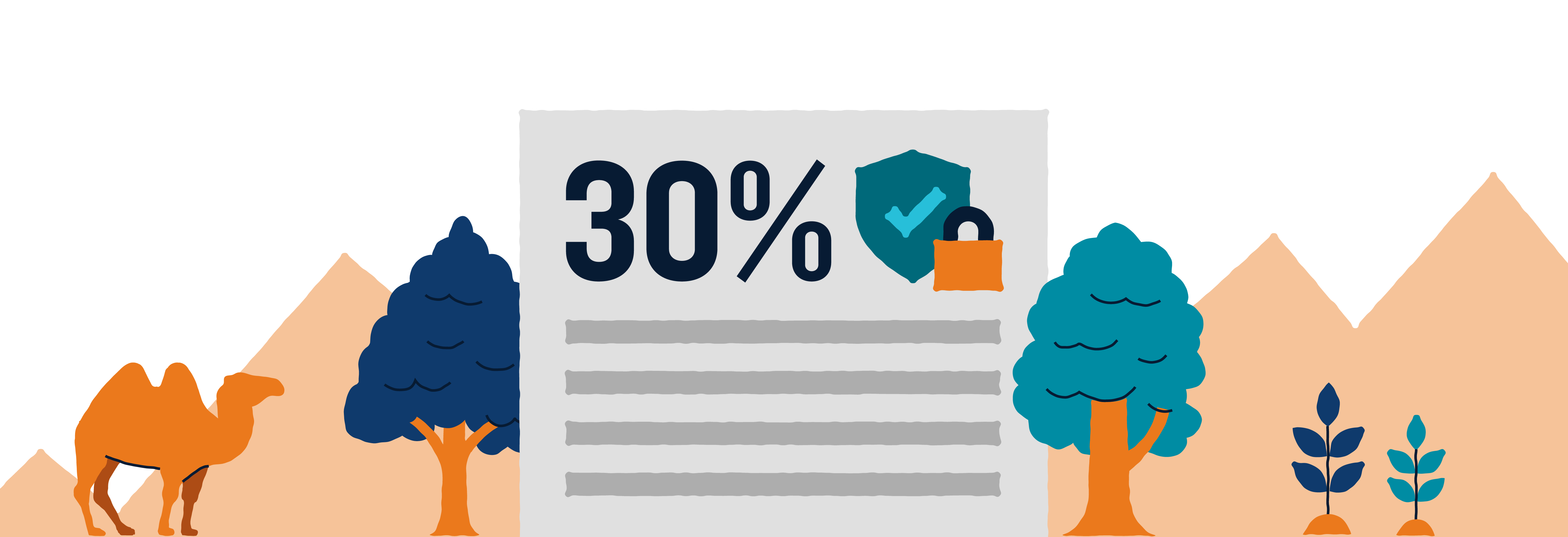 illustration of a bill that says 30 percent, surrounded by mountains, trees, greenery and a camel